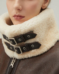 Sophia A-2 Faux Shearling Brown Bomber Leather Jacket