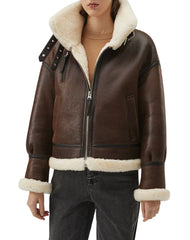 Sophia A-2 Faux Shearling Brown Bomber Leather Jacket