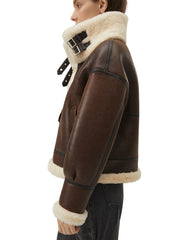 Sophia A-2 Faux Shearling Brown Bomber Leather Jacket