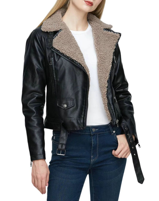 Valentina Faux Shearling Black Biker Leather Jacket