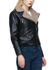 Valentina Faux Shearling Black Biker Leather Jacket