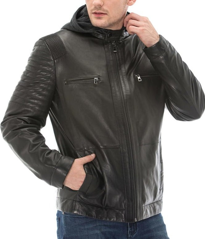 Zen Black Detachable Hooded Leather Jacket