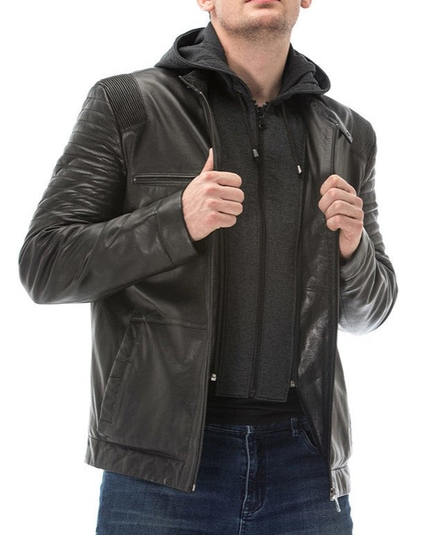 Zen Black Detachable Hooded Leather Jacket