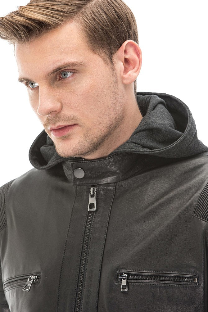 Zen Black Detachable Hooded Leather Jacket