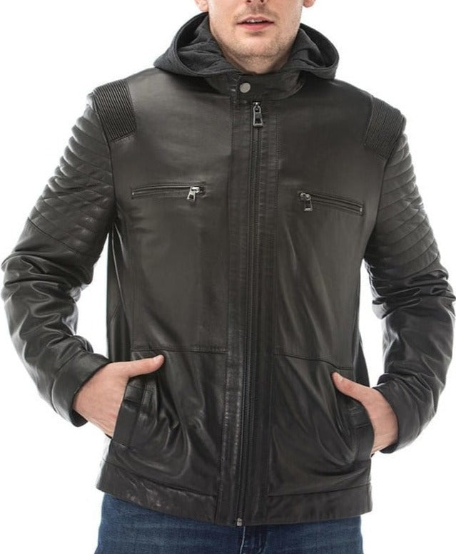 Zen Black Detachable Hooded Leather Jacket